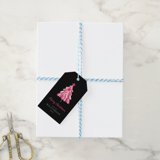 Vrolijk Kerstmis Roze Boom modern Cadeaulabel (Met Touw)