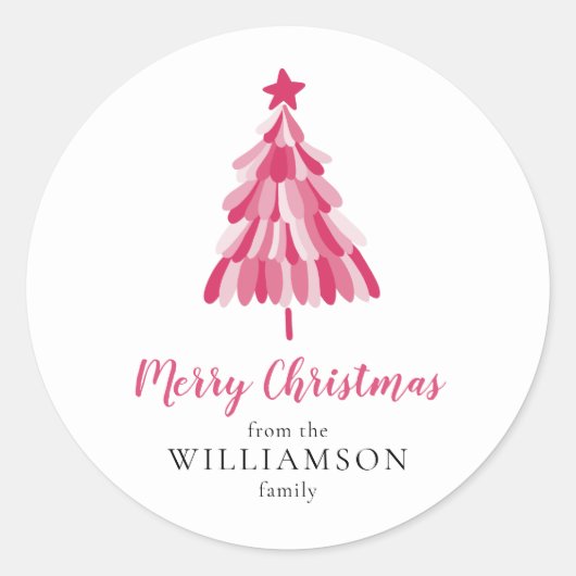 Vrolijk Kerstmis Roze Boom modern Ronde Sticker (Voorkant)