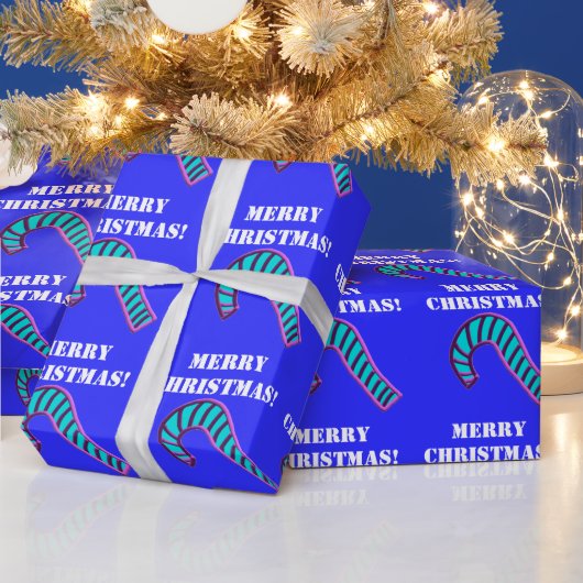 Vrolijk Kerstmis Roze en Blauw Candy Cane Cadeaupapier (Feestdagen)