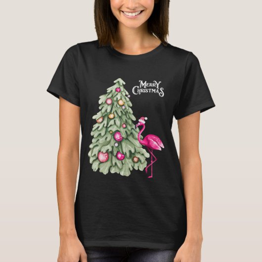 Vrolijk Kerstmis Roze Flamingo en Pastel Tree T-shirt (Voorkant)