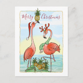 Vrolijk Kerstmis Roze Flamingo Hawaïaanse Ananas Aankondigingskaart