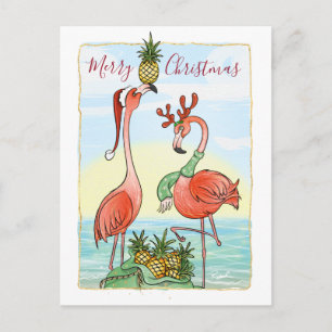 Vrolijk Kerstmis Roze Flamingo Hawaïaanse Ananas Aankondigingskaart