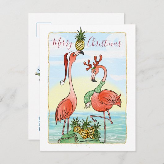 Vrolijk Kerstmis Roze Flamingo Hawaïaanse Ananas Aankondigingskaart (Voorkant / Achterkant)
