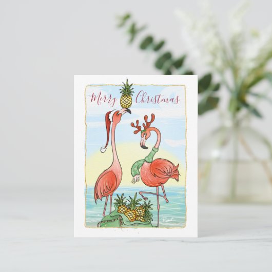 Vrolijk Kerstmis Roze Flamingo Hawaïaanse Ananas Aankondigingskaart (Staand voorkant)