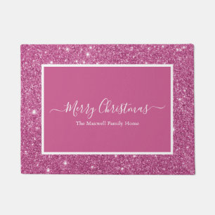 Vrolijk Kerstmis roze glitter familienaam Door Deurmat
