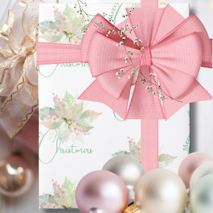 Vrolijk Kerstmis Roze Goud Salie Pastel Poinsettia Cadeaupapier
