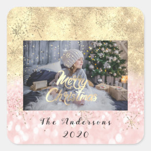 Vrolijk Kerstmis Roze Gouden Sterren Glitter Foto  Vierkante Sticker