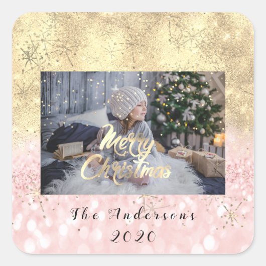 Vrolijk Kerstmis Roze Gouden Sterren Glitter Foto  Vierkante Sticker (Voorkant)