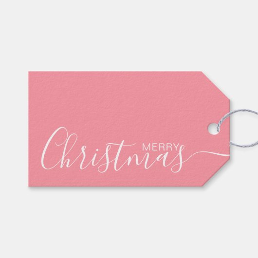 Vrolijk Kerstmis Roze Wit Minimalist Cadeaulabel (Voorkant (Horizontaal))