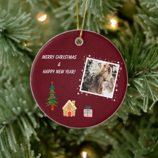 Vrolijk Kerstmis Ruby Wijn Familie Foto Keramisch Ornament (Boom)