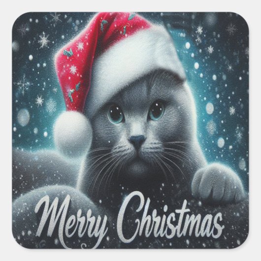 Vrolijk Kerstmis Russische blauwe Kat, Kerstman Ka Vierkante Sticker (Voorkant)