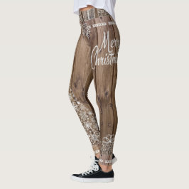 Vrolijk Kerstmis Rustiek Houten Patroon Sneeuwvlok Leggings