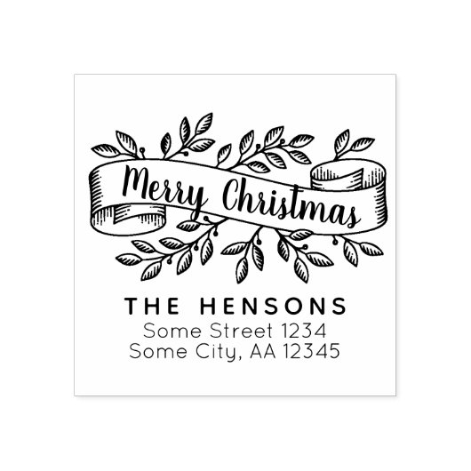 Vrolijk Kerstmis Rustiek Lint Familie Adres Rubberstempel (Afrduk)
