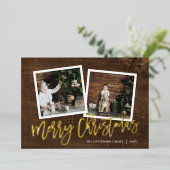Vrolijk Kerstmis Rustiek Script 2 Foto Goud Folie Feestdagenkaart (Staand Voorkant)