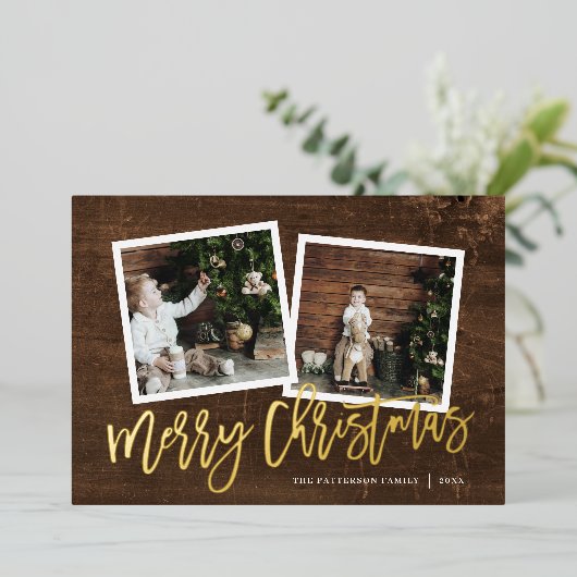 Vrolijk Kerstmis Rustiek Script 2 Foto Goud Folie Feestdagenkaart (Staand Voorkant)