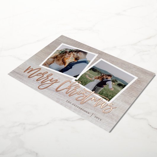Vrolijk Kerstmis Rustiek Script 2 Foto Goud Folie Feestdagenkaart (Gedraaid)