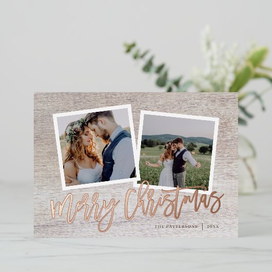 Vrolijk Kerstmis Rustiek Script 2 Foto Goud Folie Feestdagenkaart (Staand Voorkant)