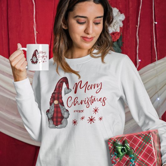 Vrolijk Kerstmis Rustieke Gnoom in Rode Buffel Pla T-shirt