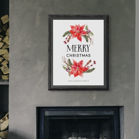 Vrolijk Kerstmis Rustieke Poinsettia Groen Poster