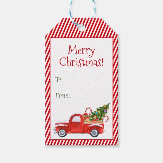 Vrolijk Kerstmis Rustieke Rode Vrachtwagen Trendy Cadeaulabel (Voorkant)