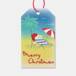 Vrolijk Kerstmis Santa Hat Whimsical Beach Scène Cadeaulabel