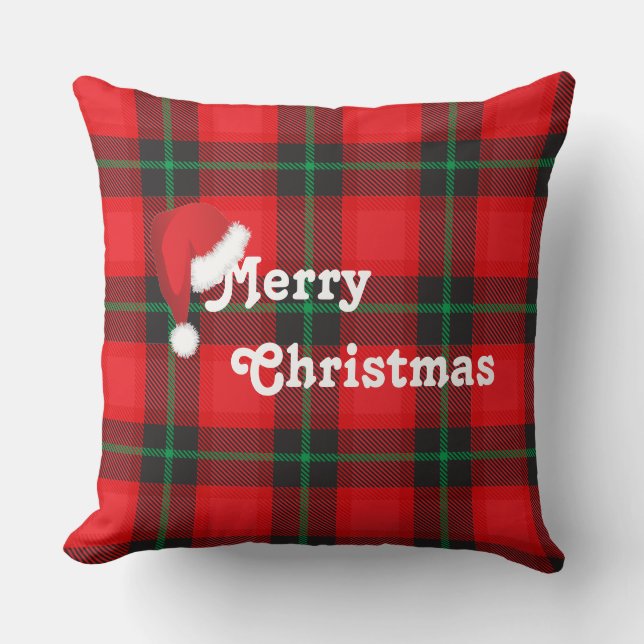 Vrolijk Kerstmis Santa hoed Plaid Tartan Patroon Kussen (Voorkant)