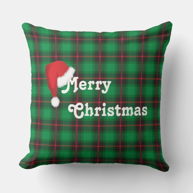 Vrolijk Kerstmis Santa hoed Plaid Tartan Patroon Kussen (Voorkant)