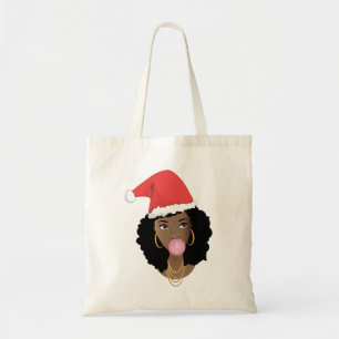 Vrolijk Kerstmis Santa Hoed, Zwarte Vrouw, Bubbleg Tote Bag