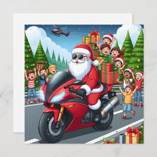 Vrolijk Kerstmis Santa Motorfiets platte kaart (Voorkant / Achterkant)