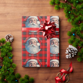 Vrolijk Kerstmis Santa Red Plaid Gepersonaliseerde Cadeaupapier