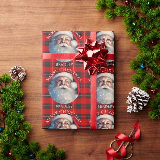 Vrolijk Kerstmis Santa Red Plaid Gepersonaliseerde Cadeaupapier (Feestdagen Geschenken)