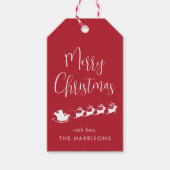 Vrolijk Kerstmis Santa Rendier Sleigh Rood Cadeaulabel (Voorkant)