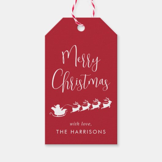 Vrolijk Kerstmis Santa Rendier Sleigh Rood Cadeaulabel (Voorkant)