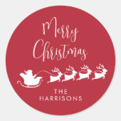 Vrolijk Kerstmis Santa Rendier Sleigh Rood Ronde Sticker (Voorkant)