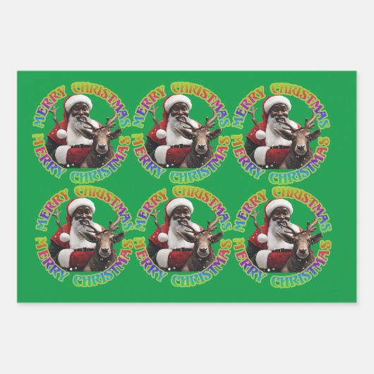 Vrolijk Kerstmis Santa Riding Rendier Rood Groen Inpakpapier Vel (Voorkant 2)