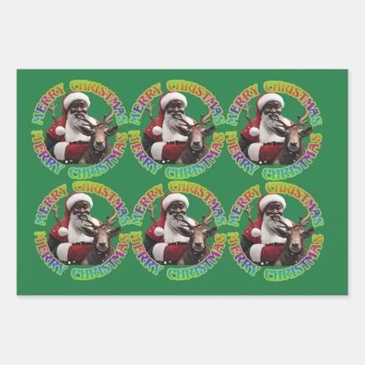 Vrolijk Kerstmis Santa Riding Rendier Rood Groen Inpakpapier Vel (Voorkant)