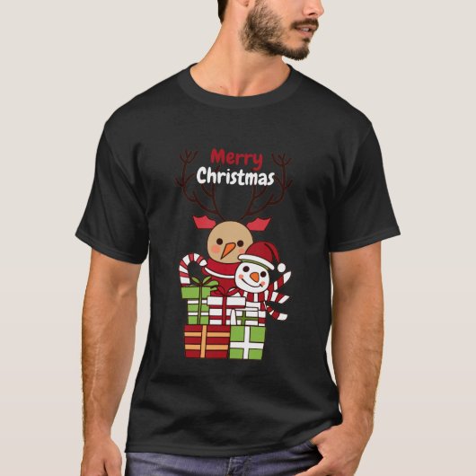 Vrolijk Kerstmis schattig cartoon rendier sneeuwpo T-shirt (Voorkant)