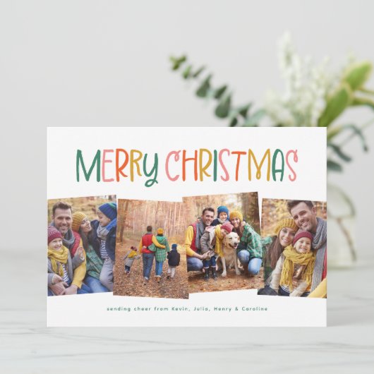 Vrolijk Kerstmis schattig leuk kleurrijke vier fot Feestdagenkaart (Staand voorkant)