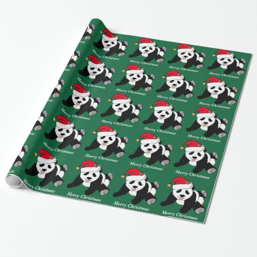 Vrolijk Kerstmis Schattige Panda Beer Custom Cadeaupapier (Uitgerold)