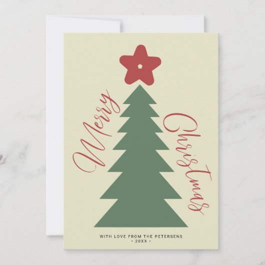 Vrolijk Kerstmis script boom ster rood groen moder Feestdagenkaart (Voorkant)