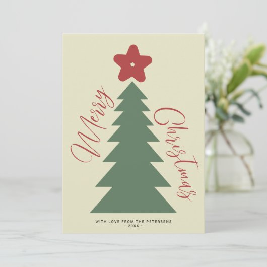 Vrolijk Kerstmis script boom ster rood groen moder Feestdagenkaart (Staand voorkant)