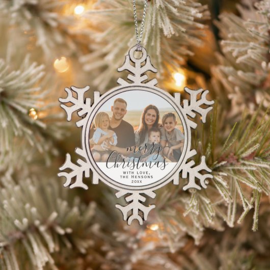 Vrolijk Kerstmis Script Familie Foto Keramisch Tin Sneeuwvlok Ornament (Boom)