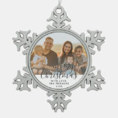 Vrolijk Kerstmis Script Familie Foto Keramisch Tin Sneeuwvlok Ornament (Voorkant)