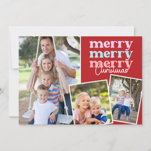 Vrolijk Kerstmis Script Modern Groen Drie Foto (Voorkant)