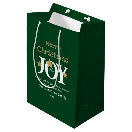 Vrolijk Kerstmis Script Naam Rustiek Groen Chic Medium Cadeauzakje (Voorkant Gekanteld)