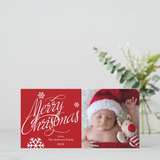 VROLIJK KERSTMIS Script Rode vakantie fotokaart Feestdagenkaart (Staand voorkant)