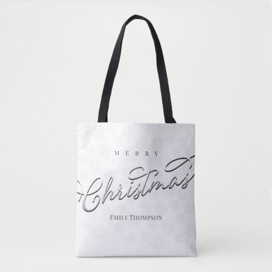 Vrolijk Kerstmis Script Zilveren Sneeuwvlok Custom Tote Bag (Voorkant)