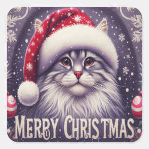 Vrolijk Kerstmis Siberische Kat, Kerstmis Santa Ki Vierkante Sticker