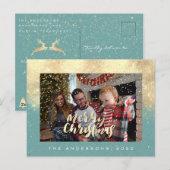 Vrolijk Kerstmis Sneeuw Blauwgroen Goud Foto Glitt Briefkaart (Voorkant / Achterkant)