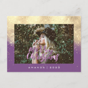 Vrolijk Kerstmis Sneeuw Paarse Gouden Foto Glitter Briefkaart